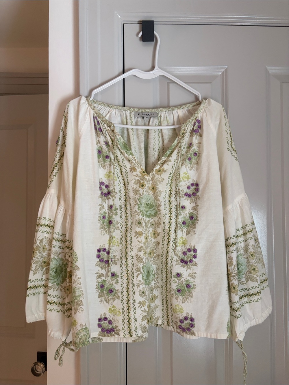 D'Ascoli Cream Floral Embroidered Peasant Blouse - Green & Purple